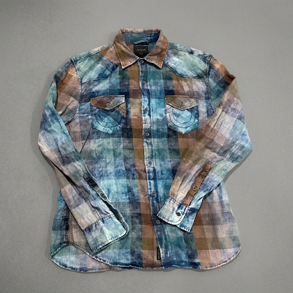 True Religion The Malcolm Shirt Mens M Slim Plaid Acid Wash Western Button Up